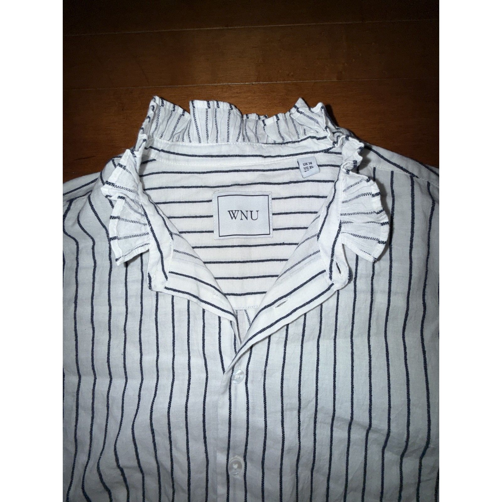 Wnu With Nothing Underneath Kew Striped Cotton Blouse Us 12 Ruffle Collar — image 8 of 8